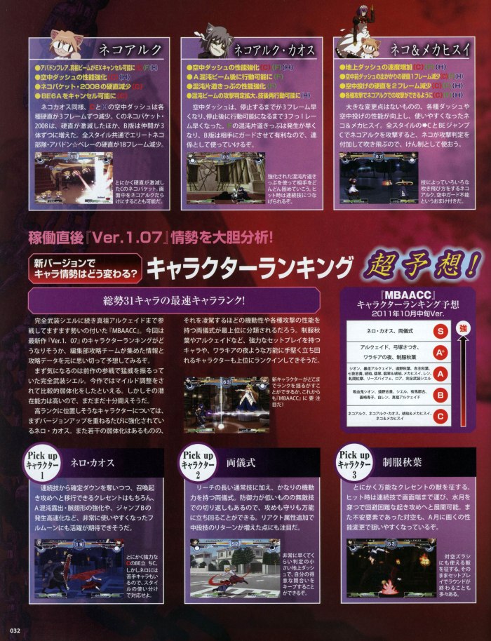 Hato's Tier List for Melty Blood Actress Again Current Code, published in the December 2011 edition of Arcadia